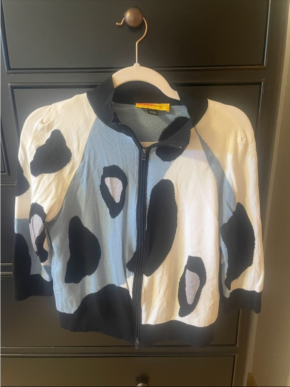 St. John Black, White & Light Blue Graphic Spot Zip-Front Bomber